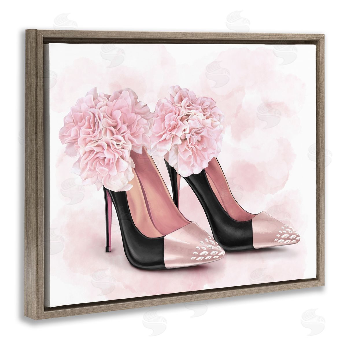 Fashion Heels Pink Flowers Brown Floating Frame Canvas Wall Art, Home Decor by Ziwei Li