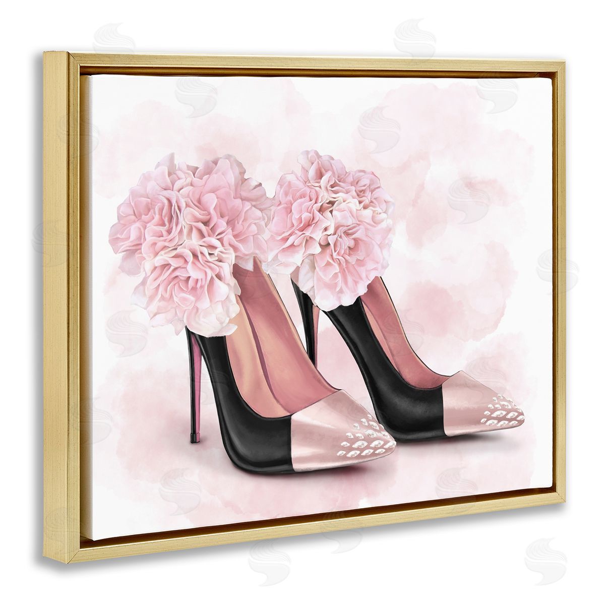 Fashion Heels Pink Flowers Gold Floating Frame Canvas Wall Art, Home Decor by Ziwei Li