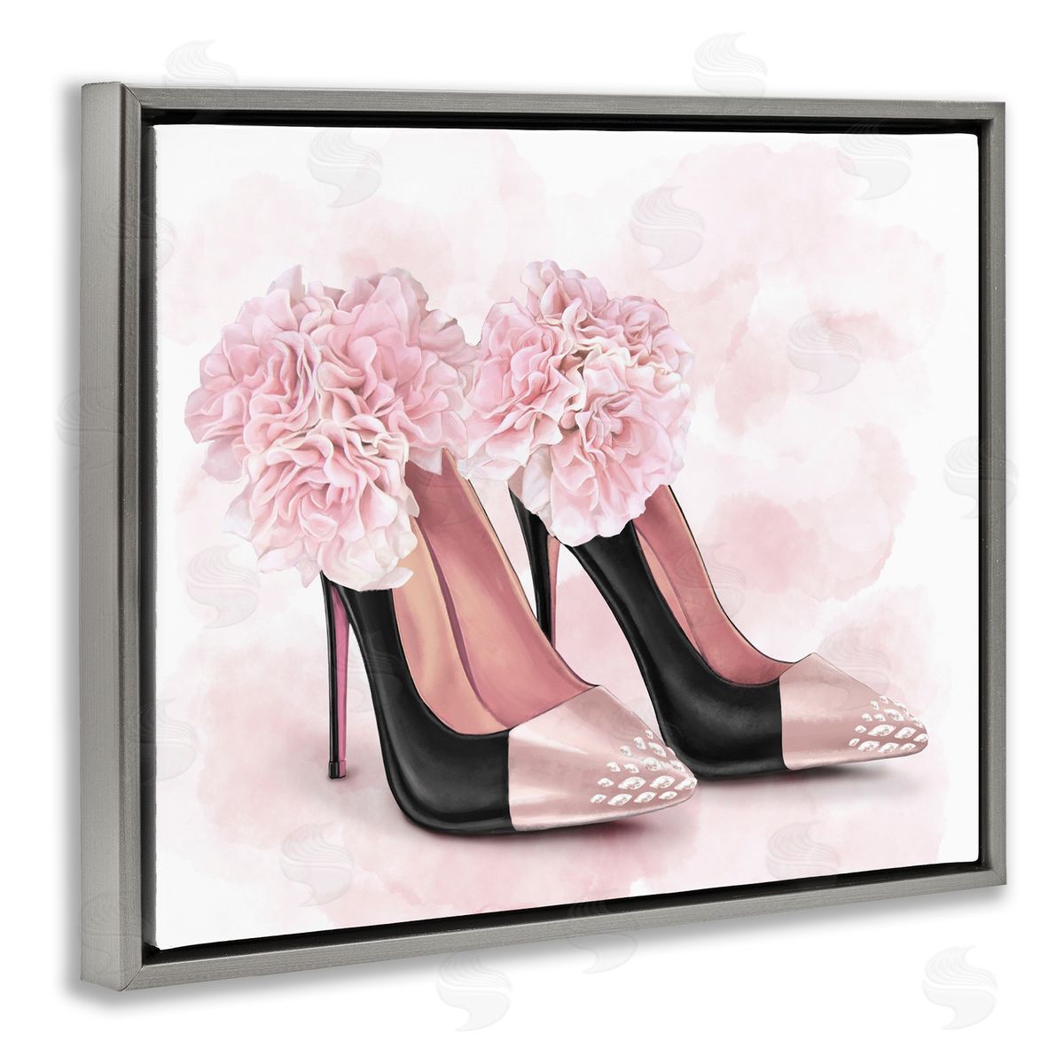 Fashion Heels Pink Flowers Grey Floating Frame Canvas Wall Art, Home Decor by Ziwei Li