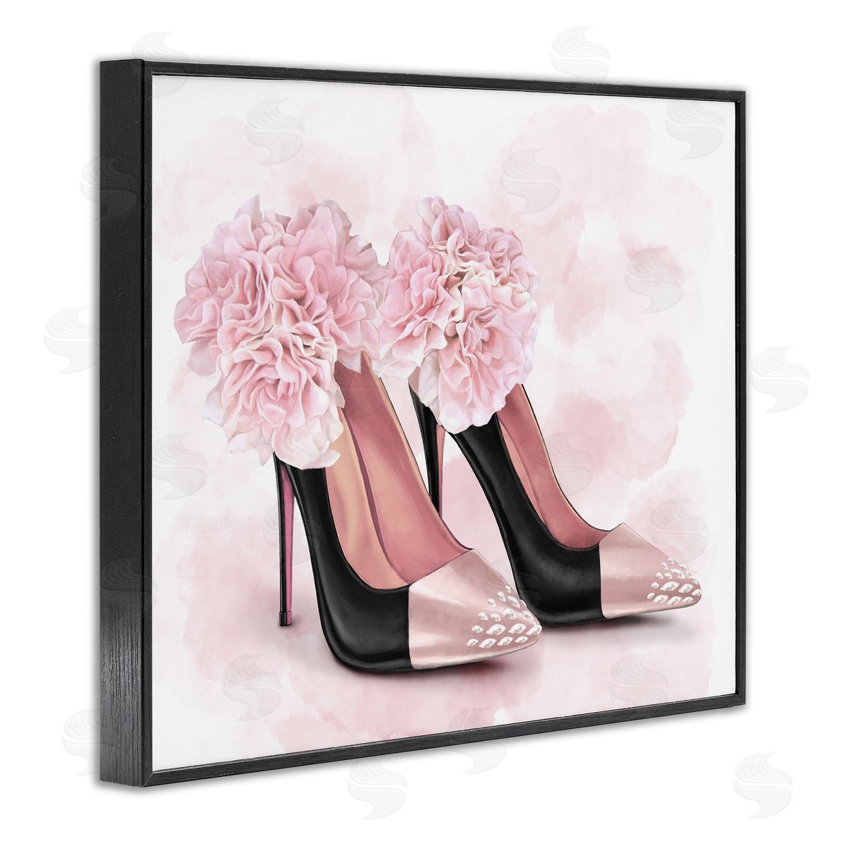 Fashion Heels Pink Flowers Black Frame Print Wall Art, Home Decor by Ziwei Li