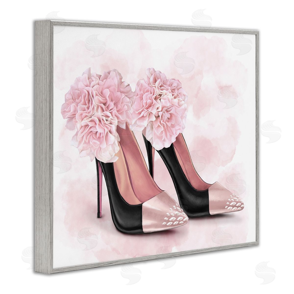 Fashion Heels Pink Flowers Grey Frame Print Wall Art, Home Decor by Ziwei Li
