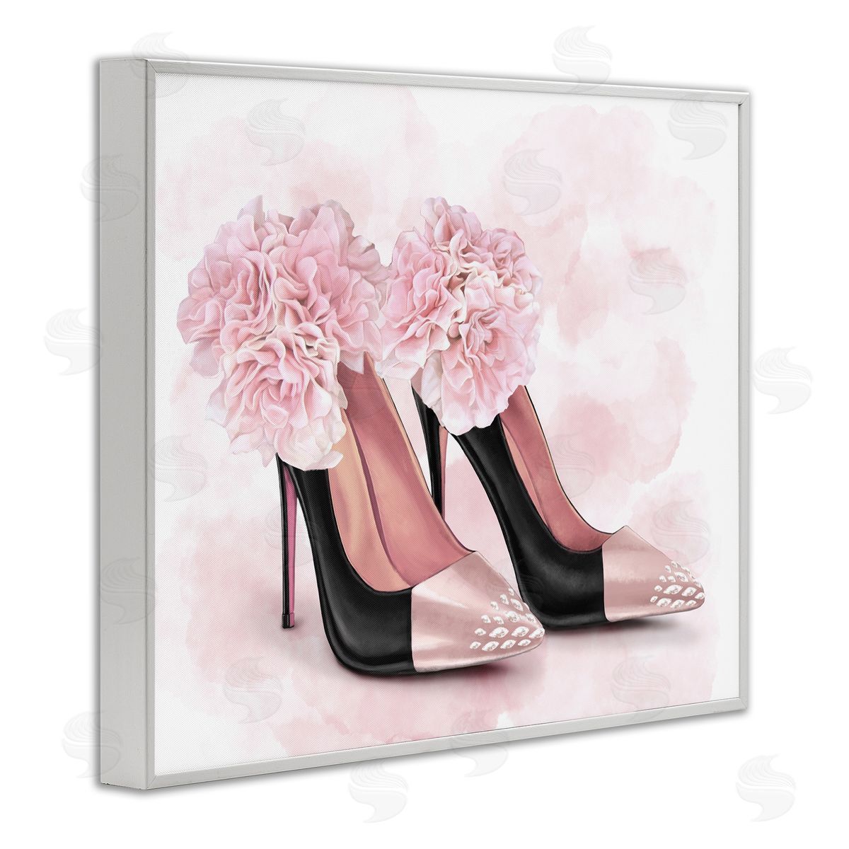 Fashion Heels Pink Flowers White Frame Print Wall Art, Home Decor by Ziwei Li