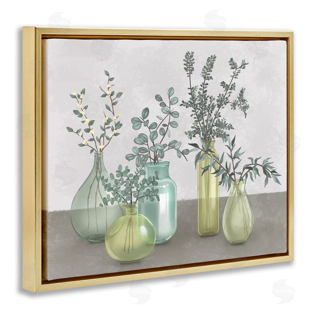 Plants In Vases Neutral Grey Gold Floating Frame Canvas Wall Art, Home Decor by Ziwei Li