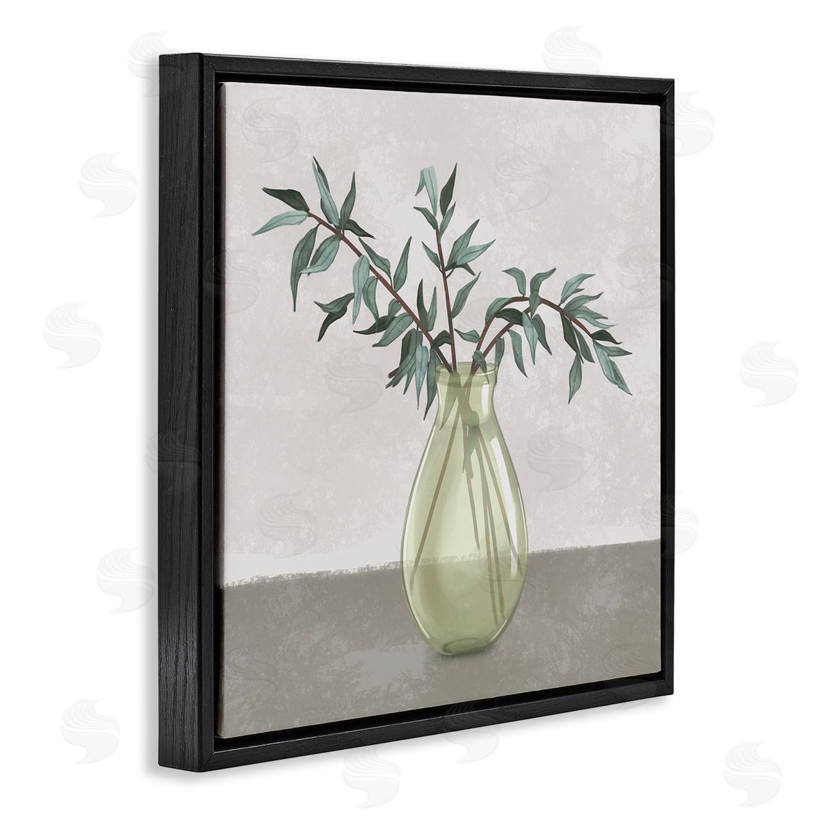 Vase And Plant Neutral Grey Design Black Floating Frame Canvas Wall Art, Home Decor by Ziwei Li