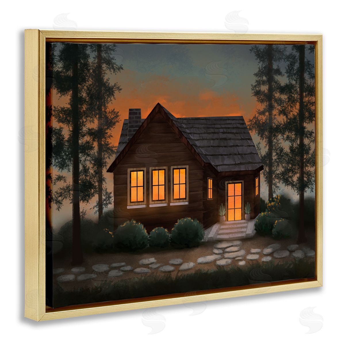 Cabin Woods Country Landscape Gold Floating Frame Canvas Wall Art, Home Decor by Ziwei Li