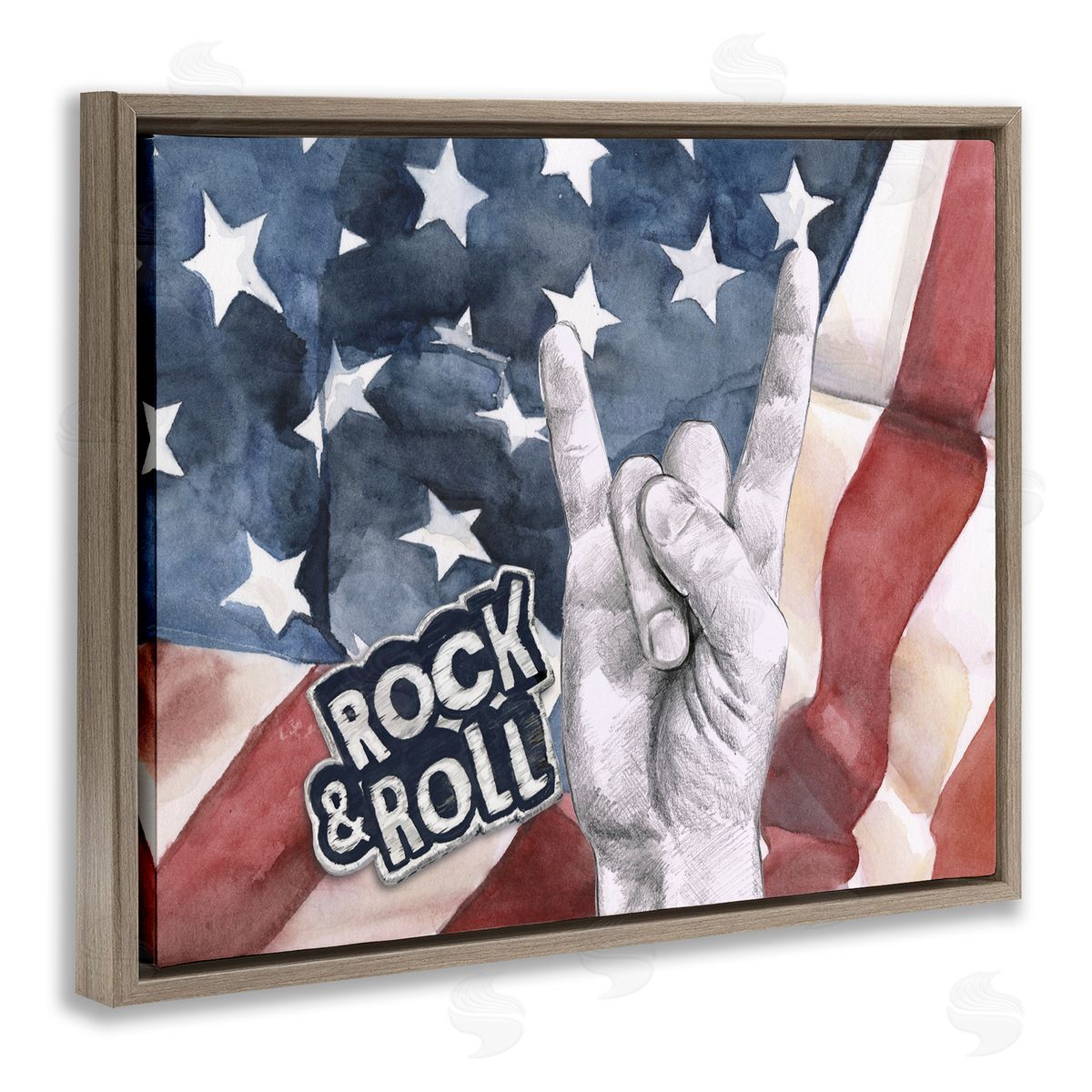 Rock And Roll American Flag Brown Floating Frame Canvas Wall Art, Home Decor by Jennifer Paxton Parker