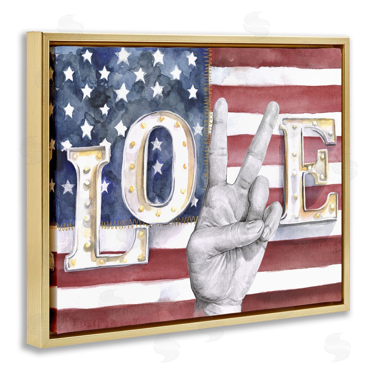 Love Peace Sign American Flag Gold Floating Frame Canvas Wall Art, Home Decor by Jennifer Paxton Parker