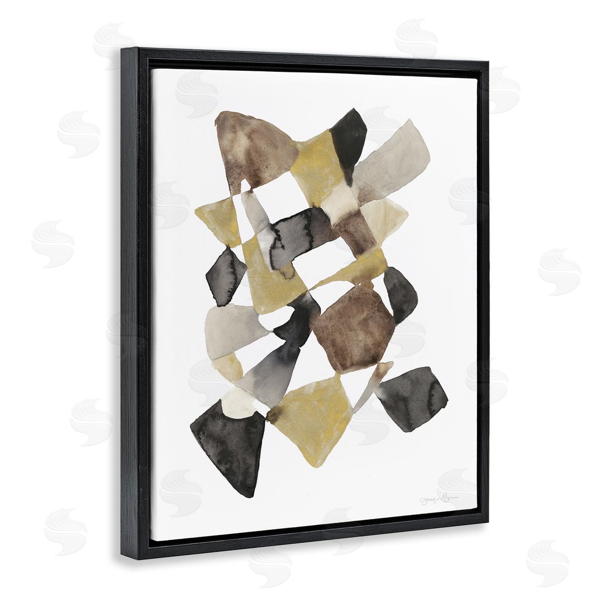 Abstract Gold Black Brown Shape Black Floating Frame Canvas Wall Art, Home Decor by Jennifer Goldberger