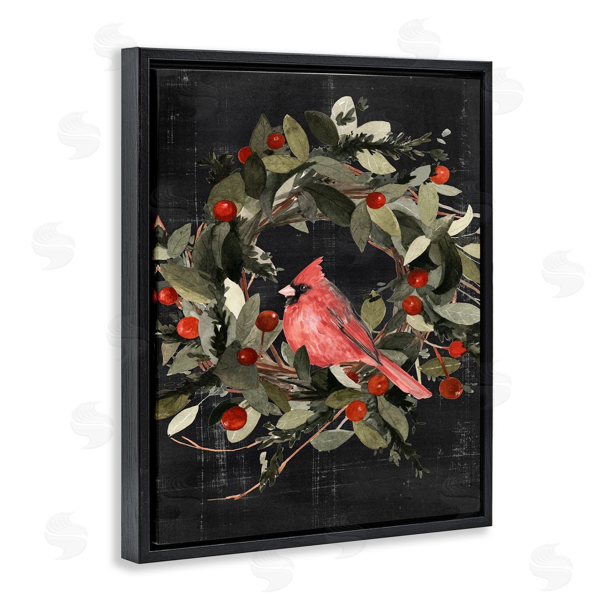 Red Cardinal In Wreath Black Floating Frame Canvas Wall Art, Home Decor by Emma Scarvey