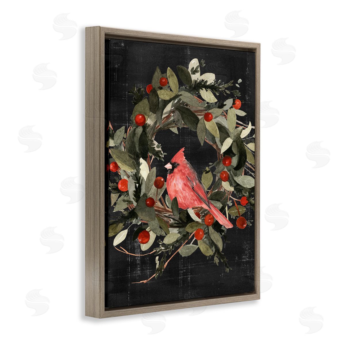 Red Cardinal In Wreath Brown Floating Frame Canvas Wall Art, Home Decor by Emma Scarvey