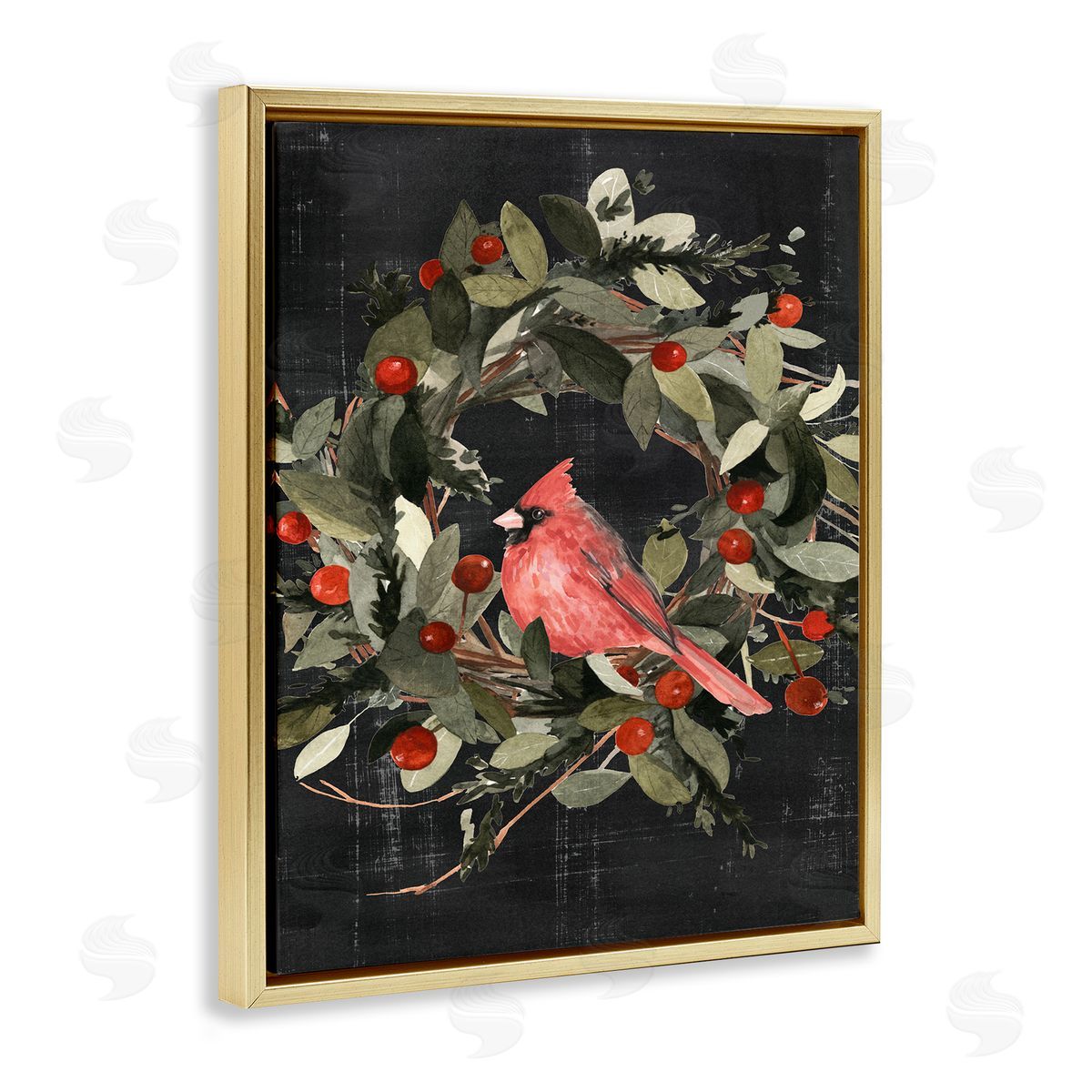 Red Cardinal In Wreath Gold Floating Frame Canvas Wall Art, Home Decor by Emma Scarvey