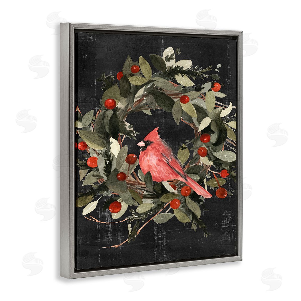 Red Cardinal In Wreath Grey Floating Frame Canvas Wall Art, Home Decor by Emma Scarvey