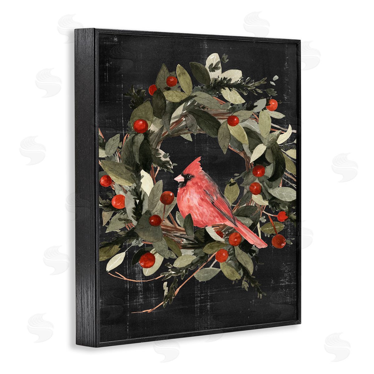 Red Cardinal In Wreath Black Frame Print Wall Art, Home Decor by Emma Scarvey