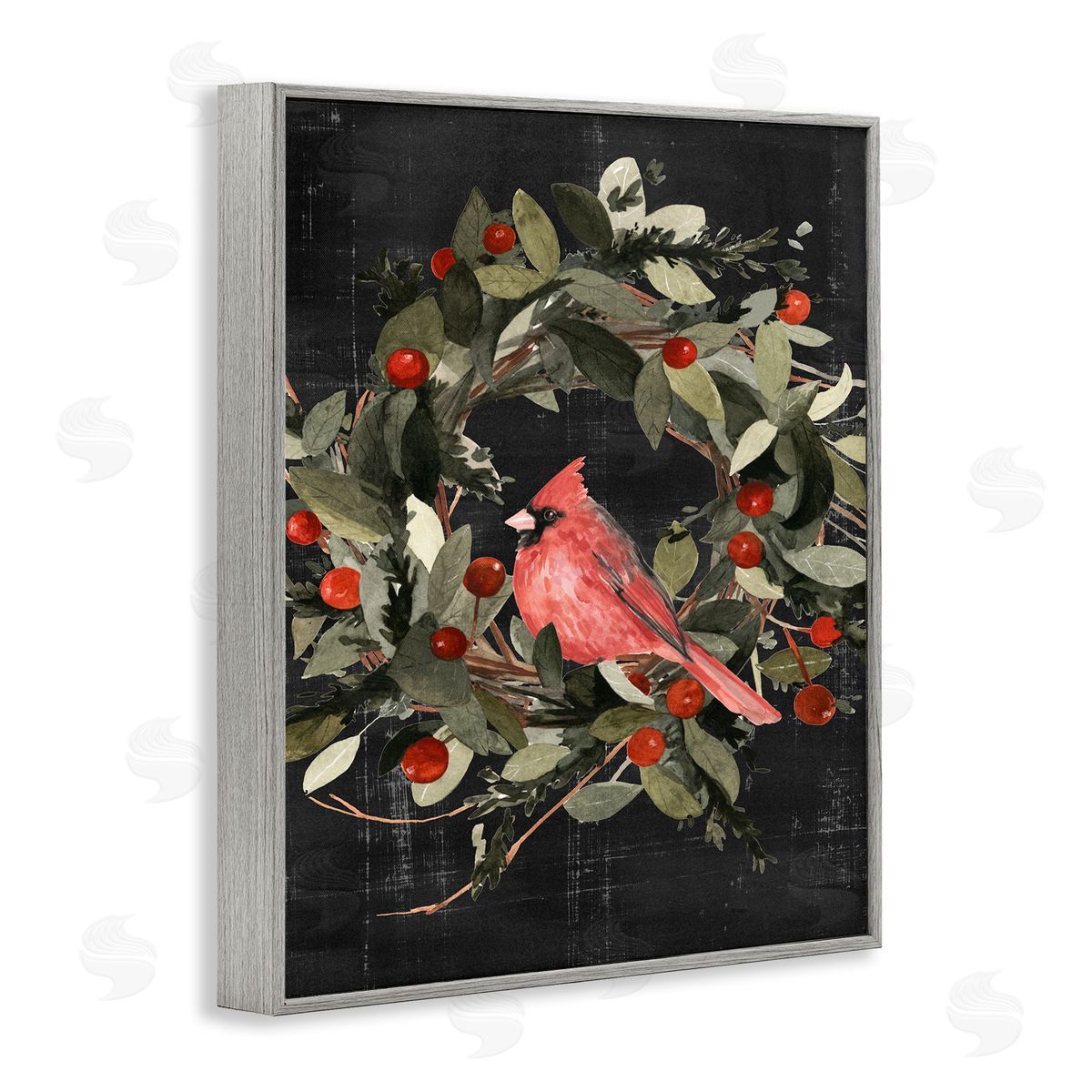 Red Cardinal In Wreath Grey Frame Print Wall Art, Home Decor by Emma Scarvey