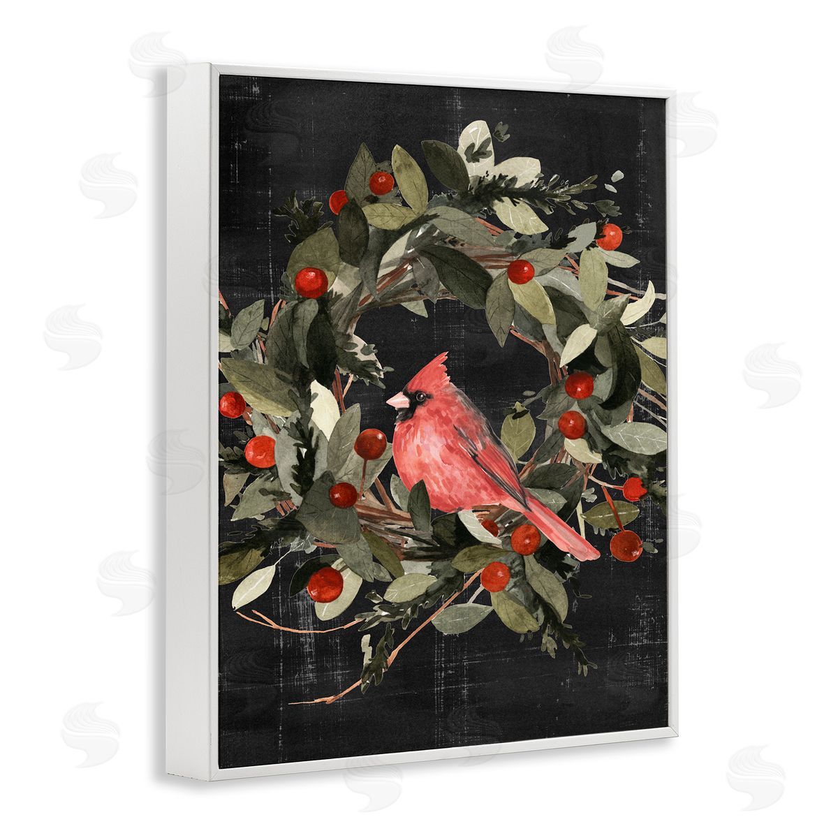 Red Cardinal In Wreath White Frame Print Wall Art, Home Decor by Emma Scarvey