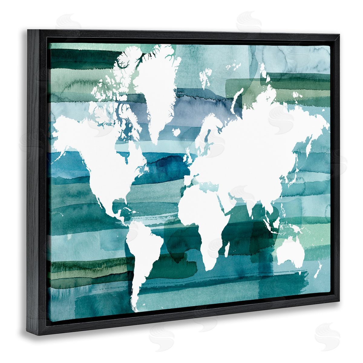 World Map Blue Green Black Floating Frame Canvas Wall Art, Home Decor by Grace Popp