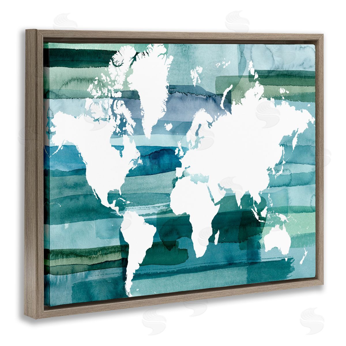 World Map Blue Green Brown Floating Frame Canvas Wall Art, Home Decor by Grace Popp