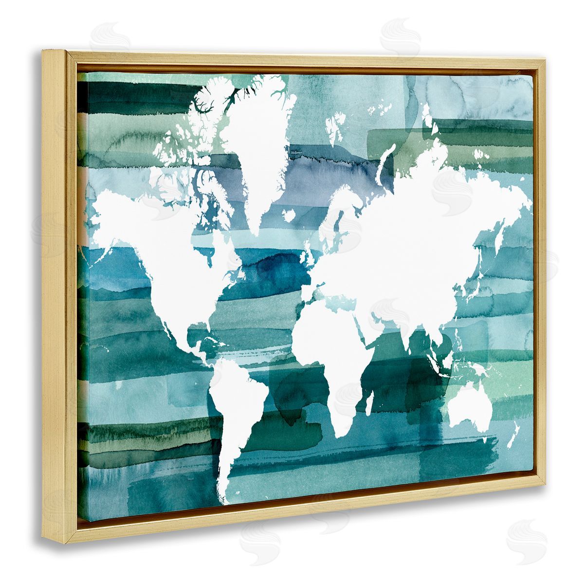 World Map Blue Green Gold Floating Frame Canvas Wall Art, Home Decor by Grace Popp