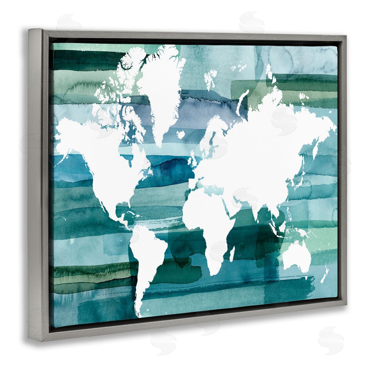 World Map Blue Green Grey Floating Frame Canvas Wall Art, Home Decor by Grace Popp