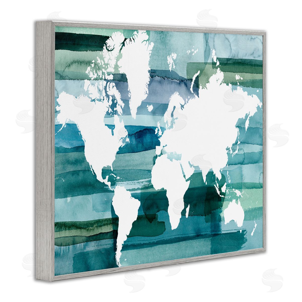 World Map Blue Green Grey Frame Print Wall Art, Home Decor by Grace Popp