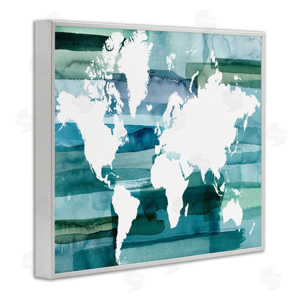 World Map Blue Green White Frame Print Wall Art, Home Decor by Grace Popp