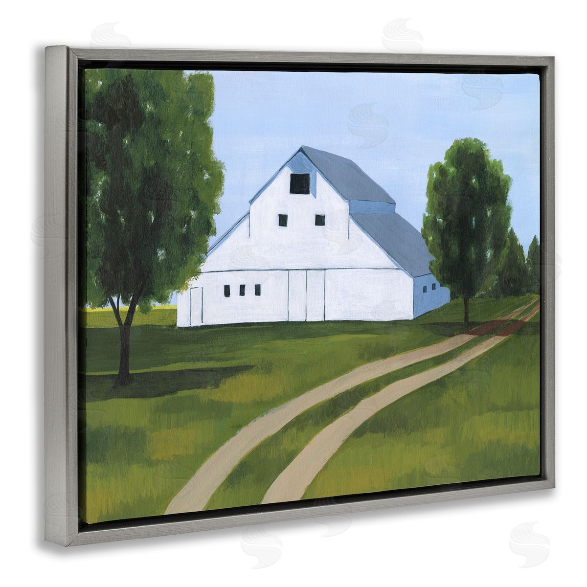 Country Fields & Barn Grey Floating Frame Canvas Wall Art, Home Decor by Grace Popp