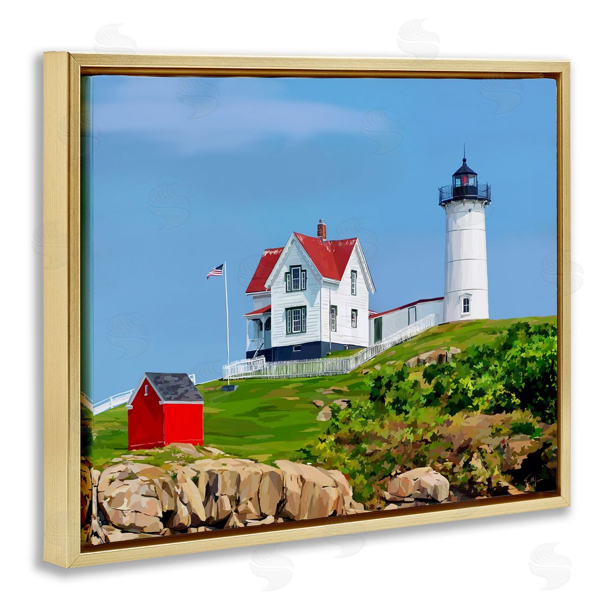 Lighthouse On Hill Green Blue Gold Floating Frame Canvas Wall Art, Home Decor by Emily Kalina
