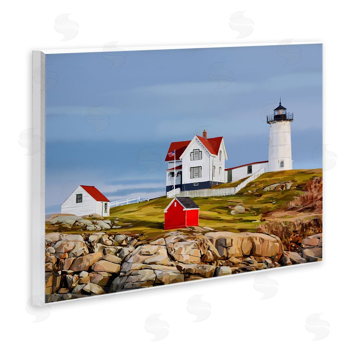 Lighthouse On Hill Green Red Wood Plaque Wall Art, Home Decor by Emily Kalina