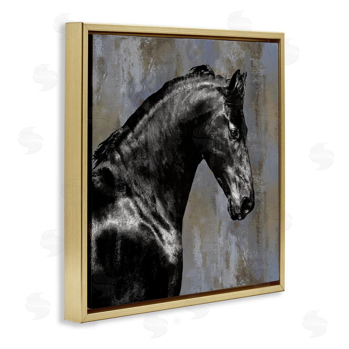 Black Stallion Horse Portrait Gold Floating Frame Canvas Wall Art, Home Decor by Melonie Miller