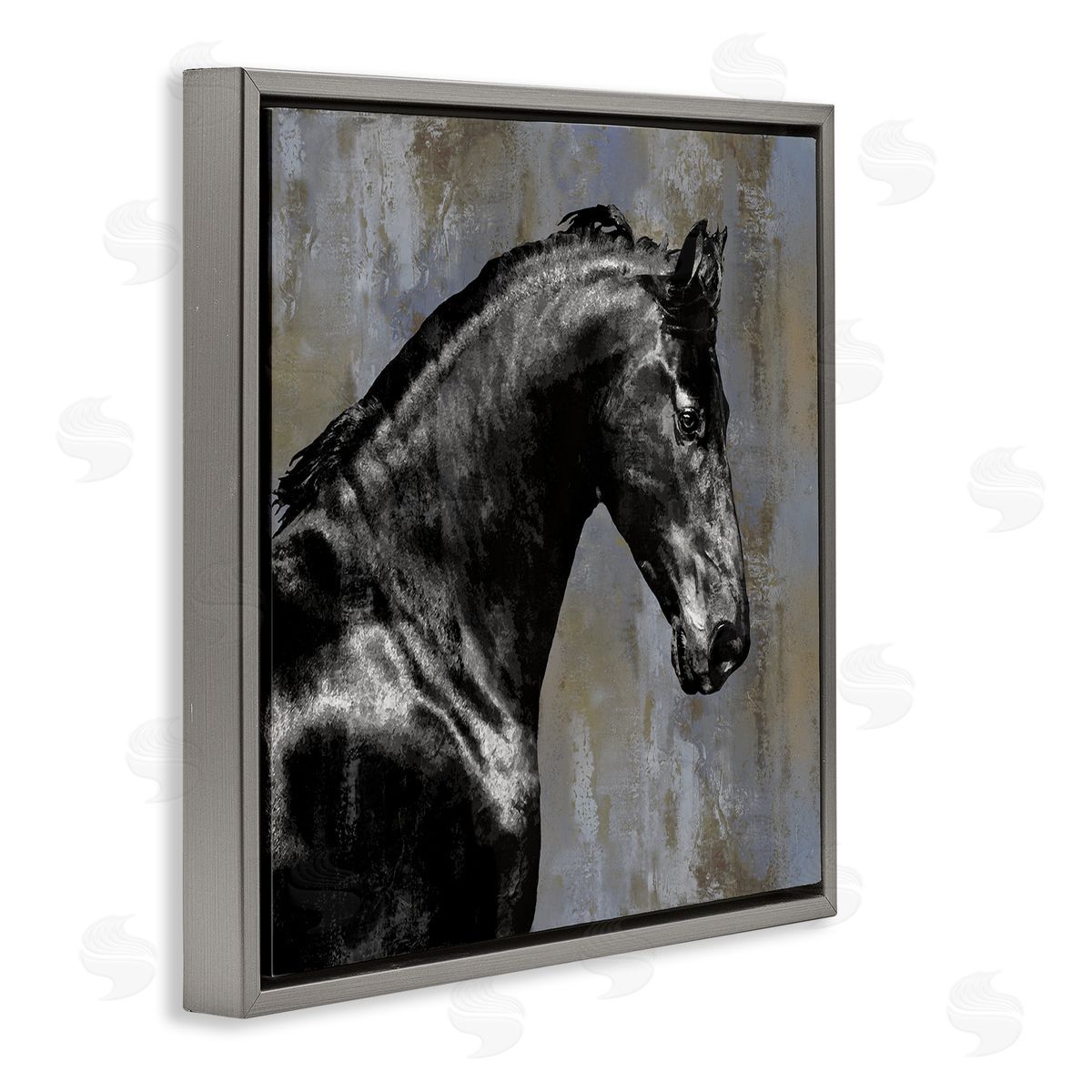 Black Stallion Horse Portrait Grey Floating Frame Canvas Wall Art, Home Decor by Melonie Miller