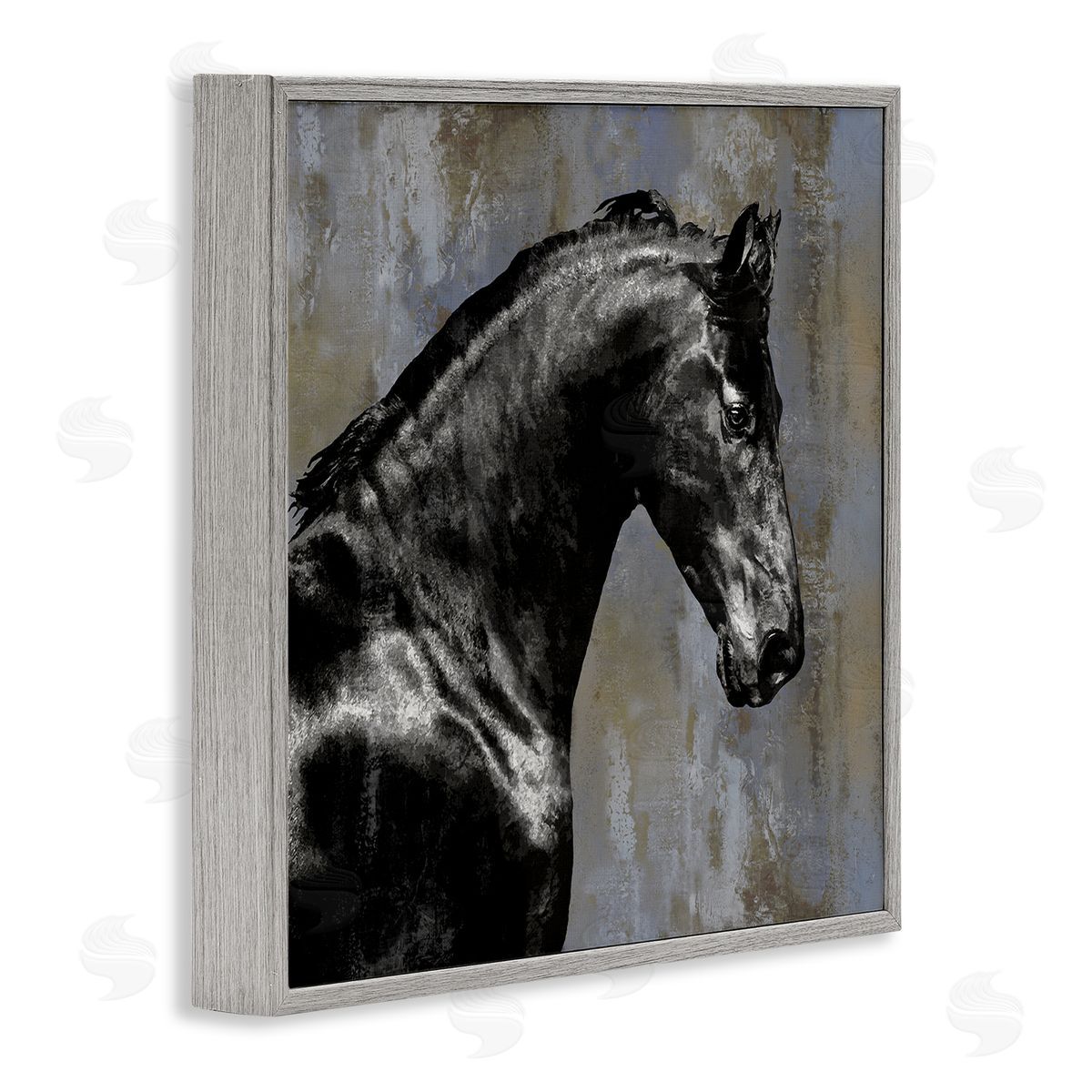 Black Stallion Horse Portrait Grey Frame Print Wall Art, Home Decor by Melonie Miller