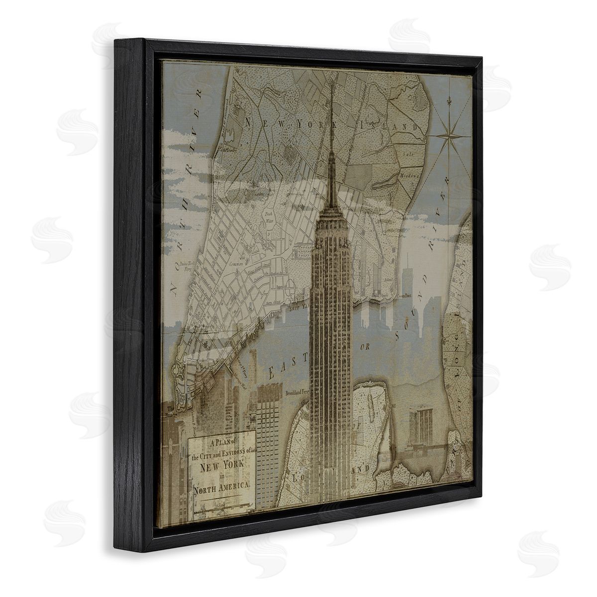 NYC Vintage Map & Building Black Floating Frame Canvas Wall Art, Home Decor by Dylan Mattews