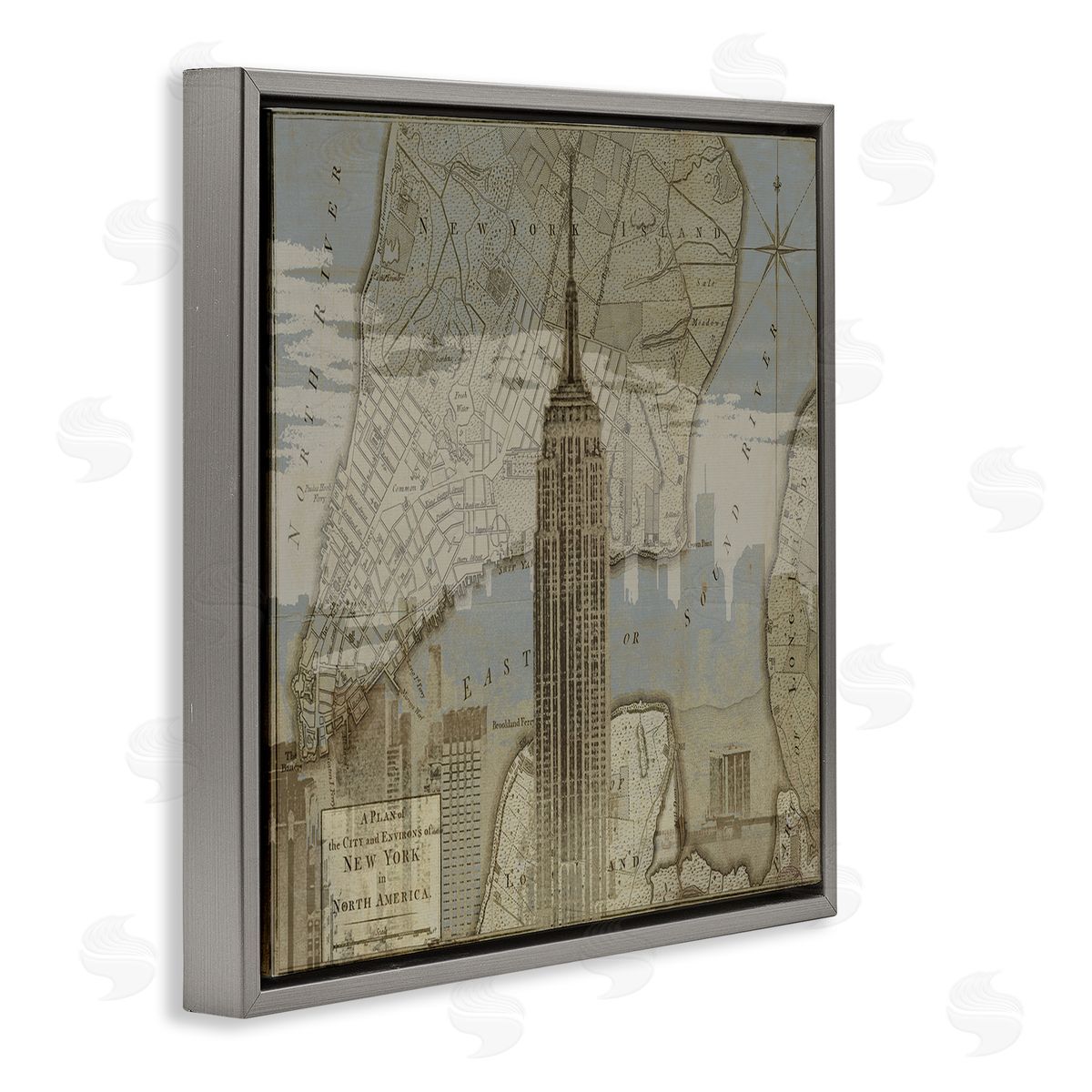 NYC Vintage Map & Building Grey Floating Frame Canvas Wall Art, Home Decor by Dylan Mattews
