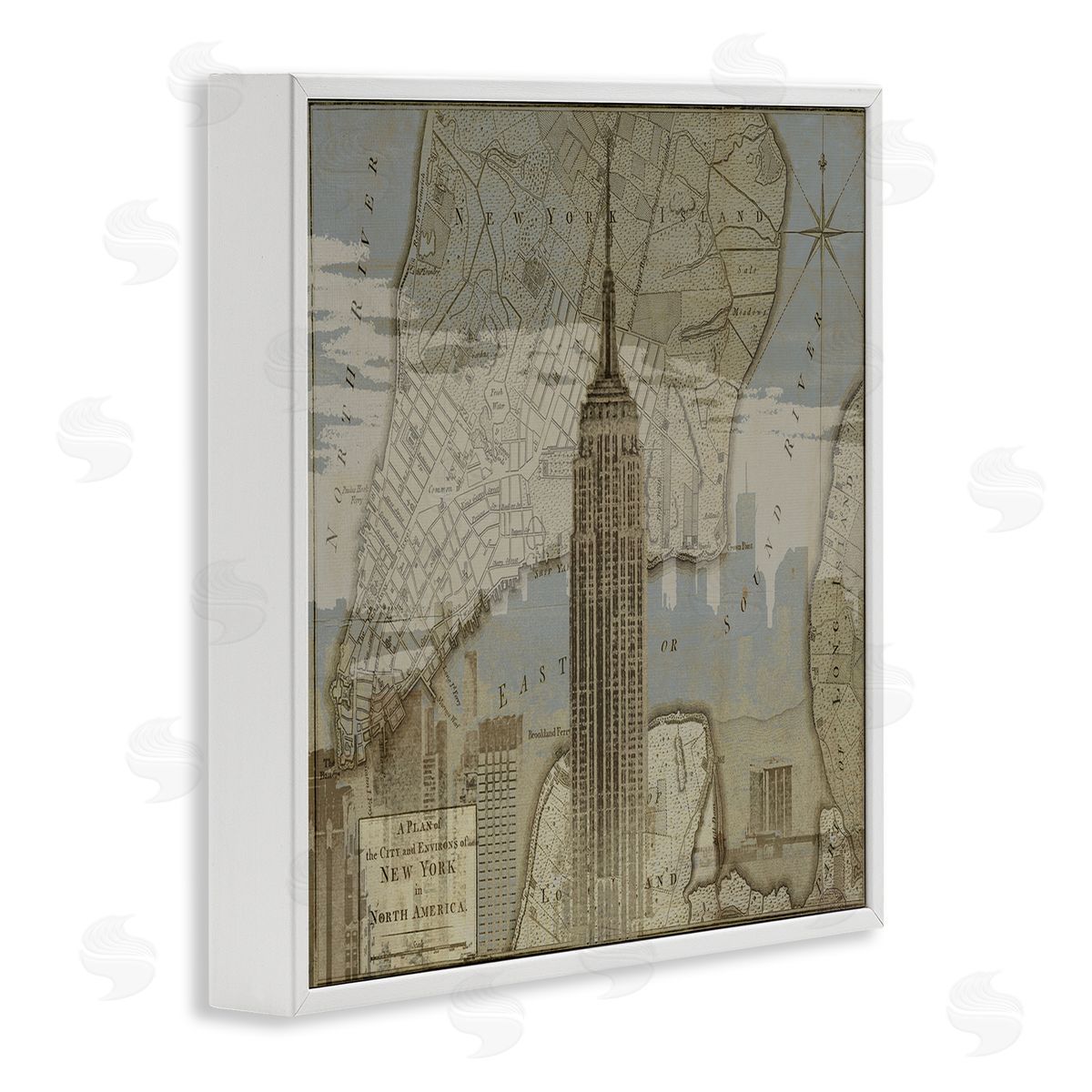 NYC Vintage Map & Building White Frame Print Wall Art, Home Decor by Dylan Mattews