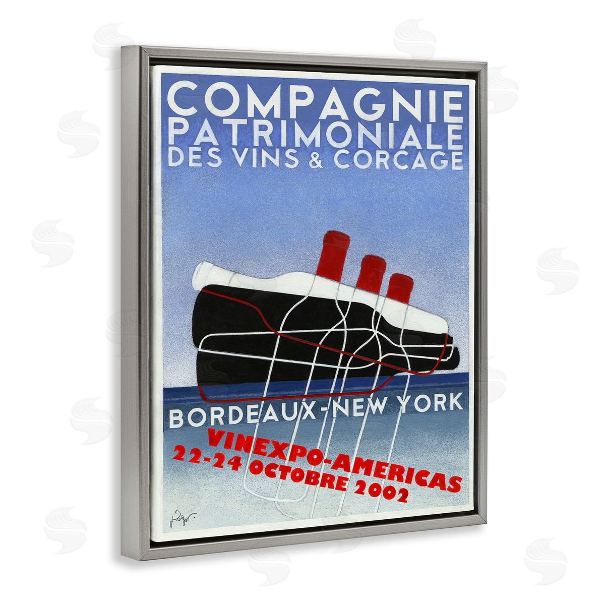 Vintage Wine Bottle Poster Grey Floating Frame Canvas Wall Art, Home Decor by Jean-Pierre Got