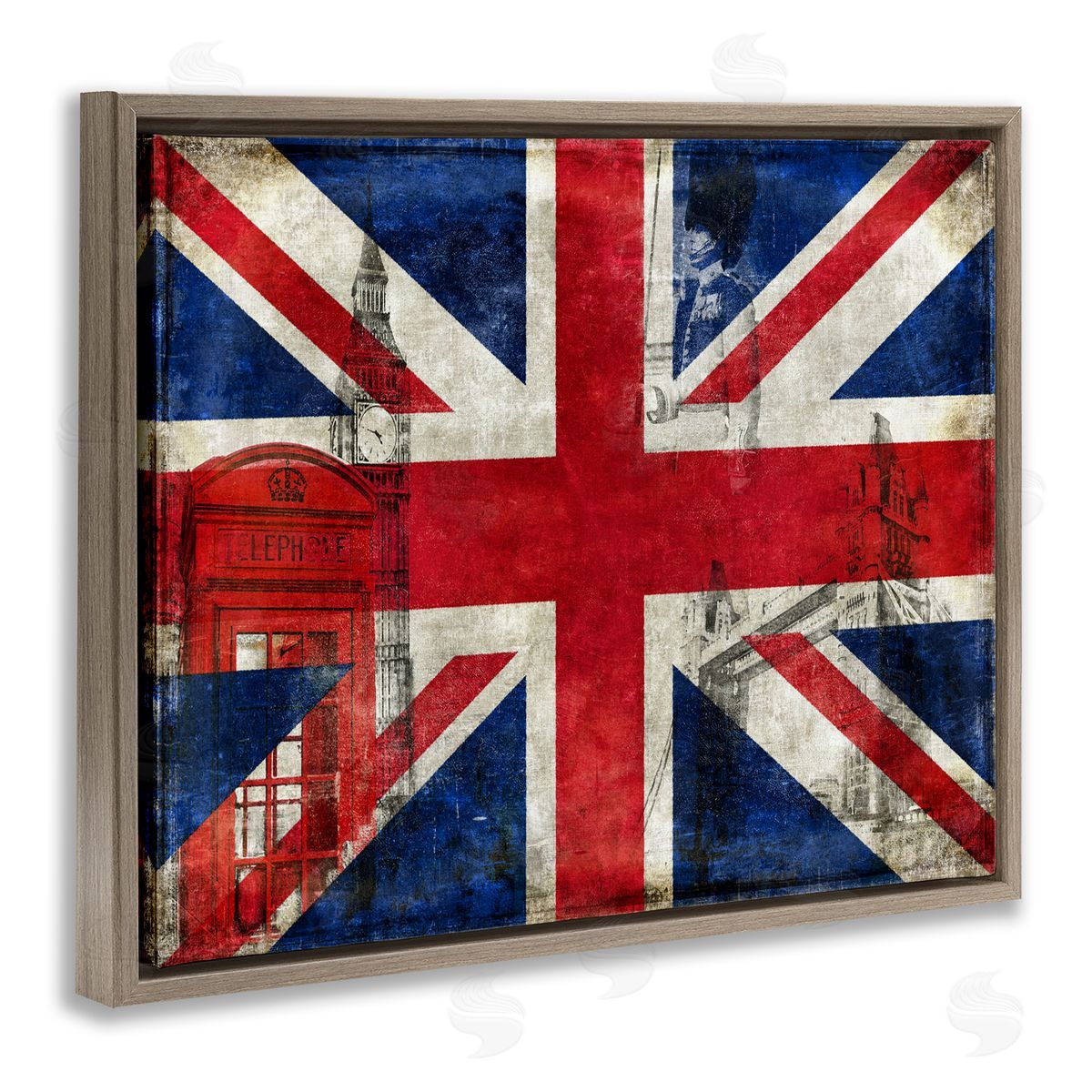 English Flag And Landmarks Brown Floating Frame Canvas Wall Art, Home Decor by Luke Wilson