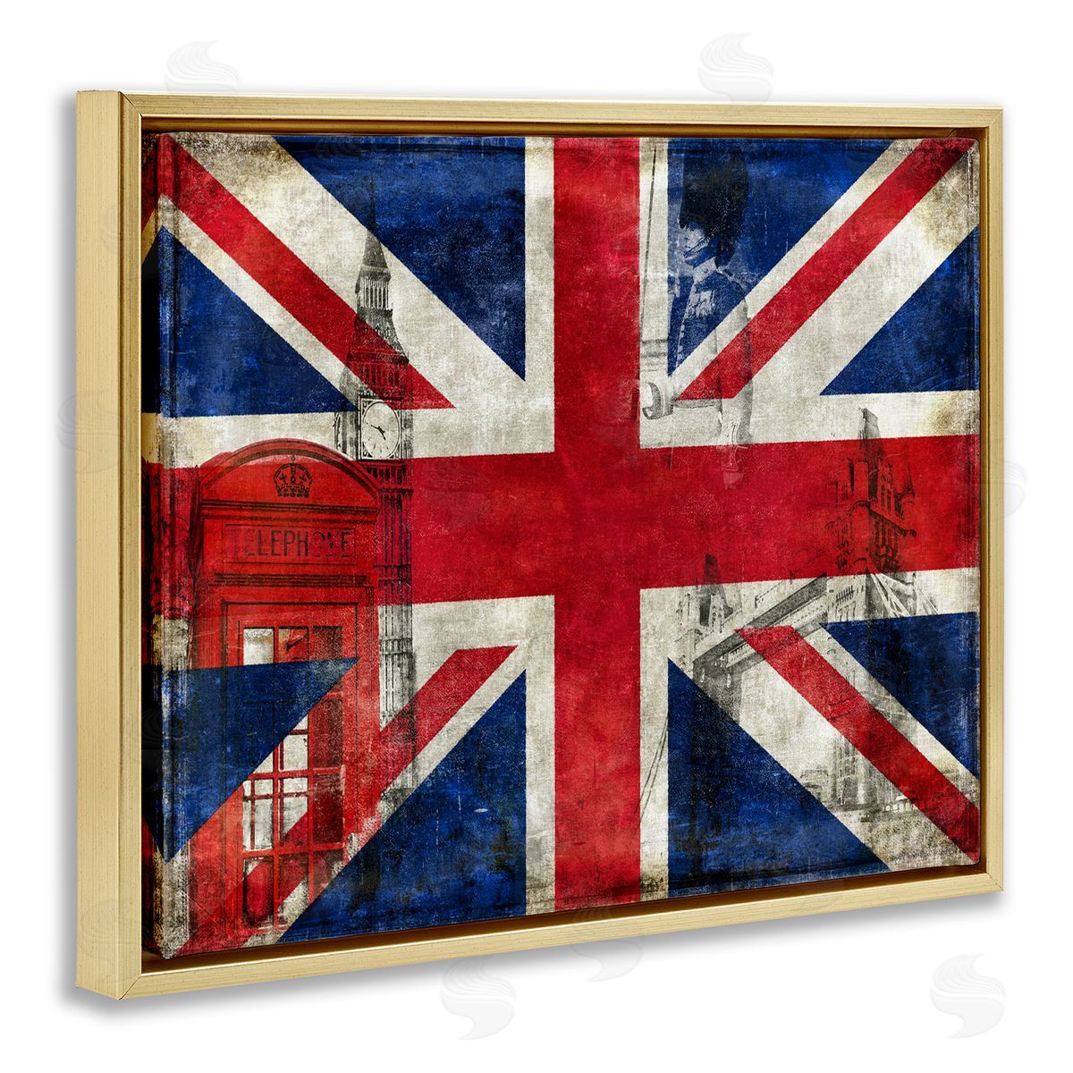 English Flag And Landmarks Gold Floating Frame Canvas Wall Art, Home Decor by Luke Wilson