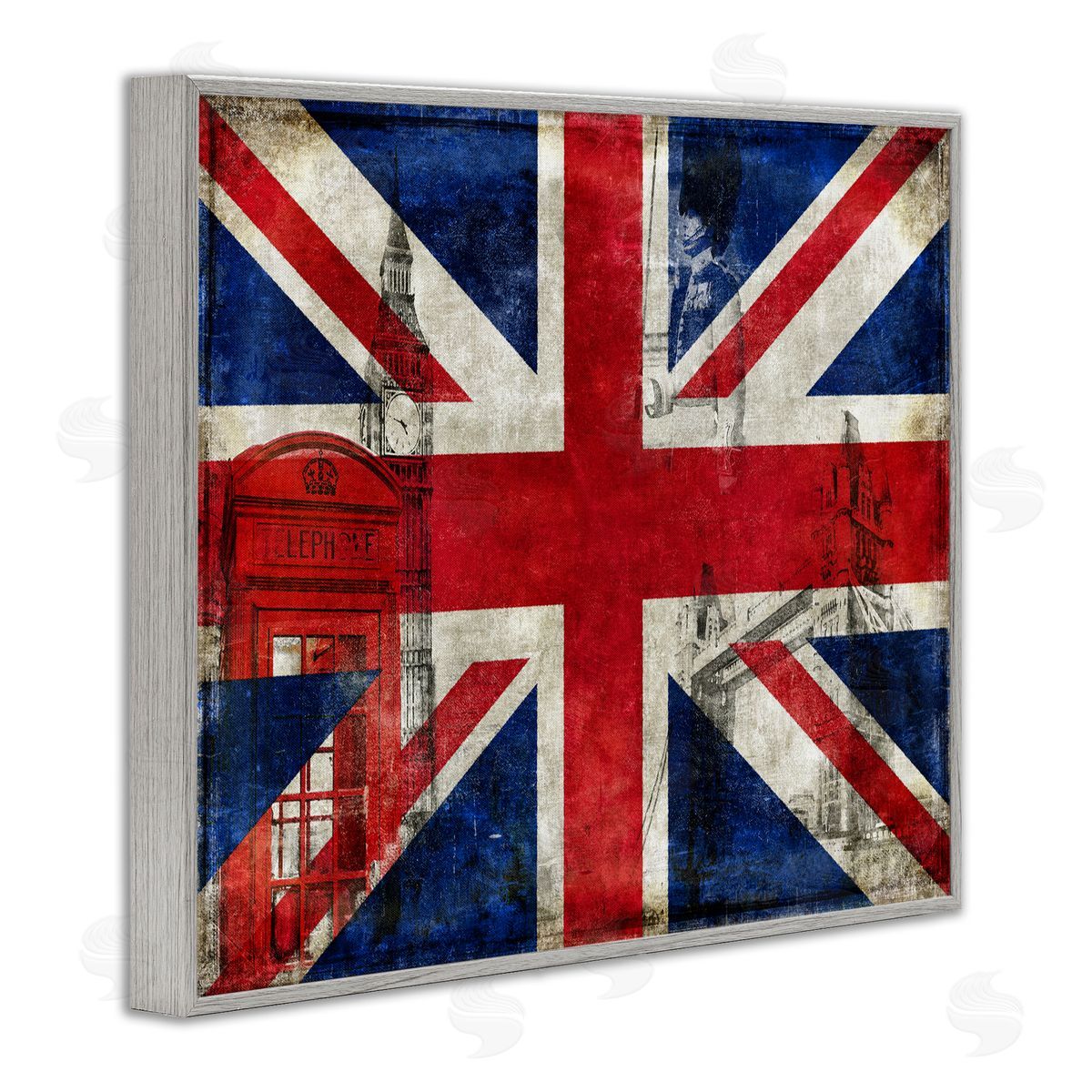 English Flag And Landmarks Grey Frame Print Wall Art, Home Decor by Luke Wilson