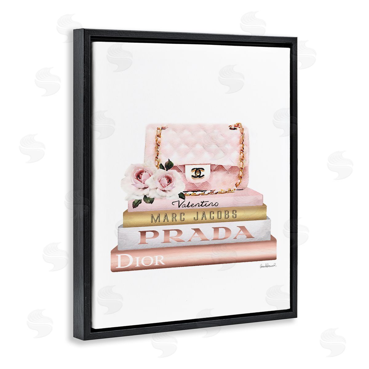 Pink Purse Gold Bookstack Black Floating Frame Canvas Wall Art, Home Decor by Amanda Greenwood