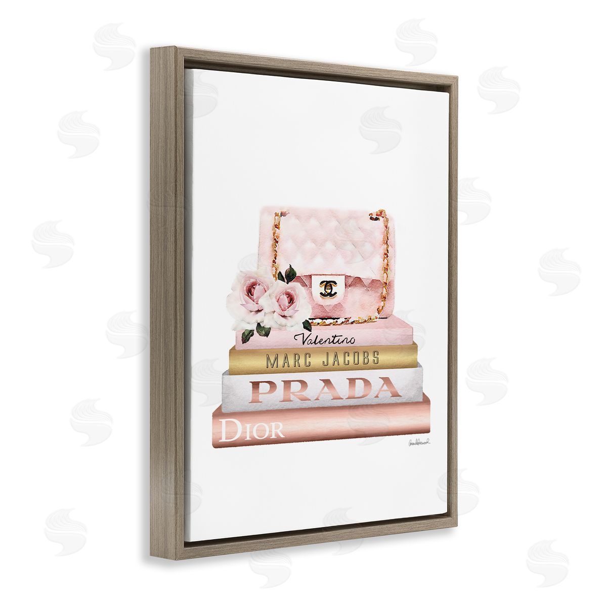 Pink Purse Gold Bookstack Brown Floating Frame Canvas Wall Art, Home Decor by Amanda Greenwood