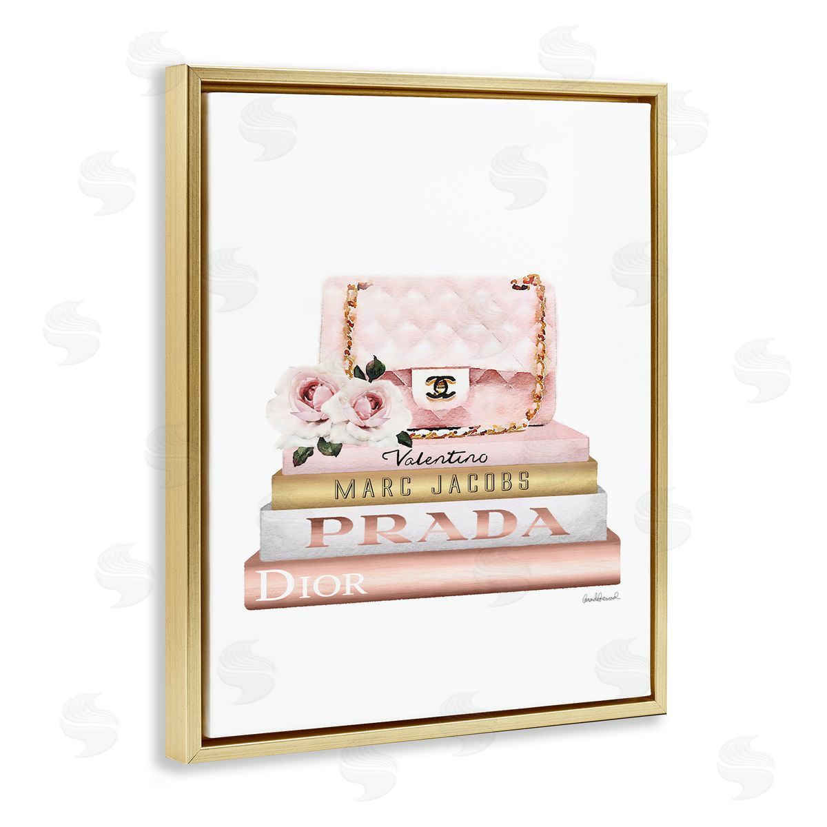 Pink Purse Gold Bookstack Gold Floating Frame Canvas Wall Art, Home Decor by Amanda Greenwood
