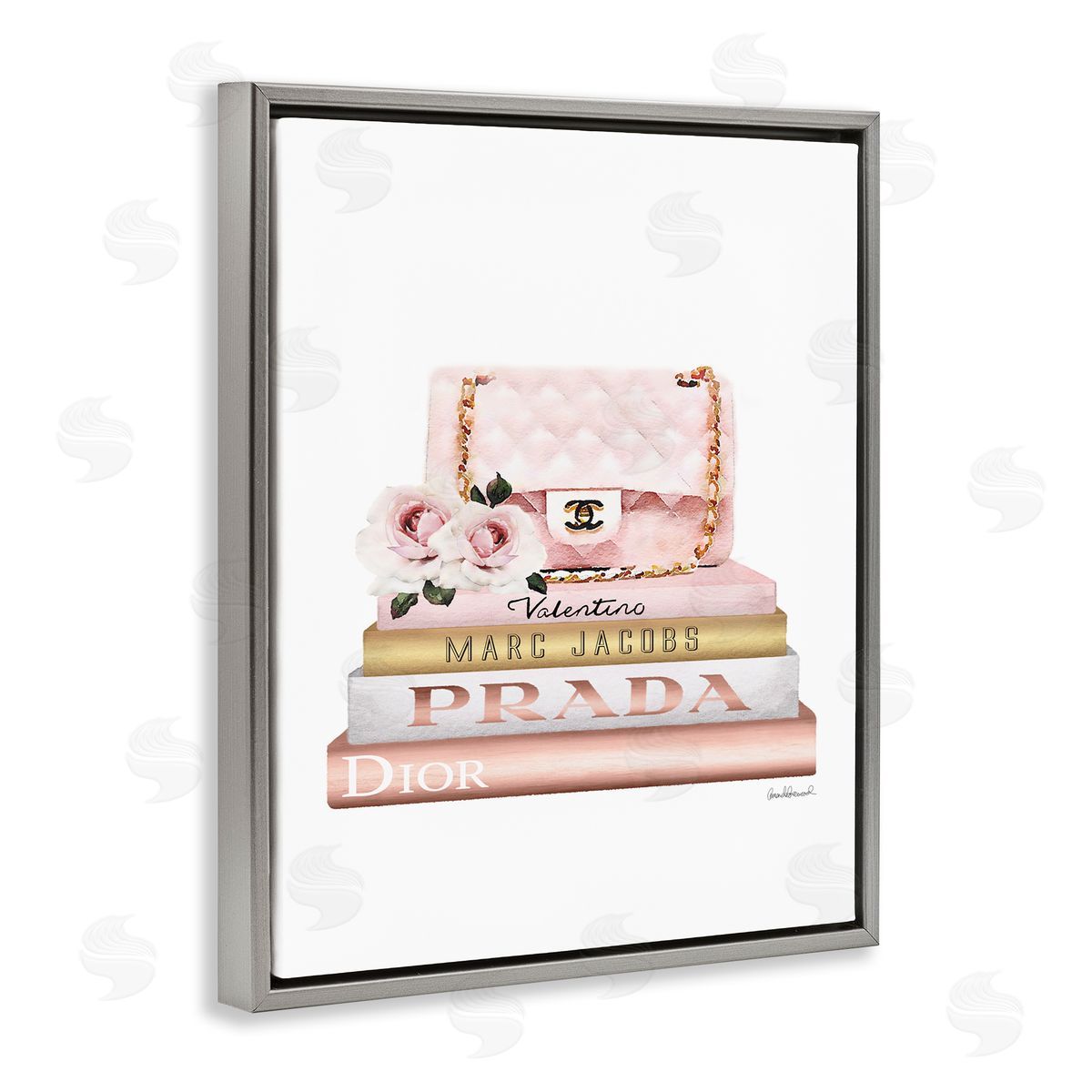 Pink Purse Gold Bookstack Grey Floating Frame Canvas Wall Art, Home Decor by Amanda Greenwood