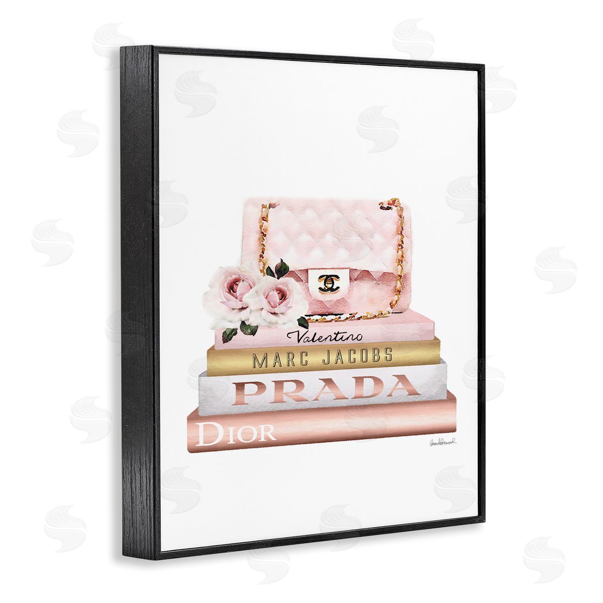 Pink Purse Gold Bookstack Black Frame Print Wall Art, Home Decor by Amanda Greenwood