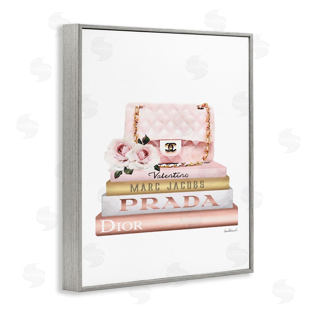 Pink Purse Gold Bookstack Grey Frame Print Wall Art, Home Decor by Amanda Greenwood