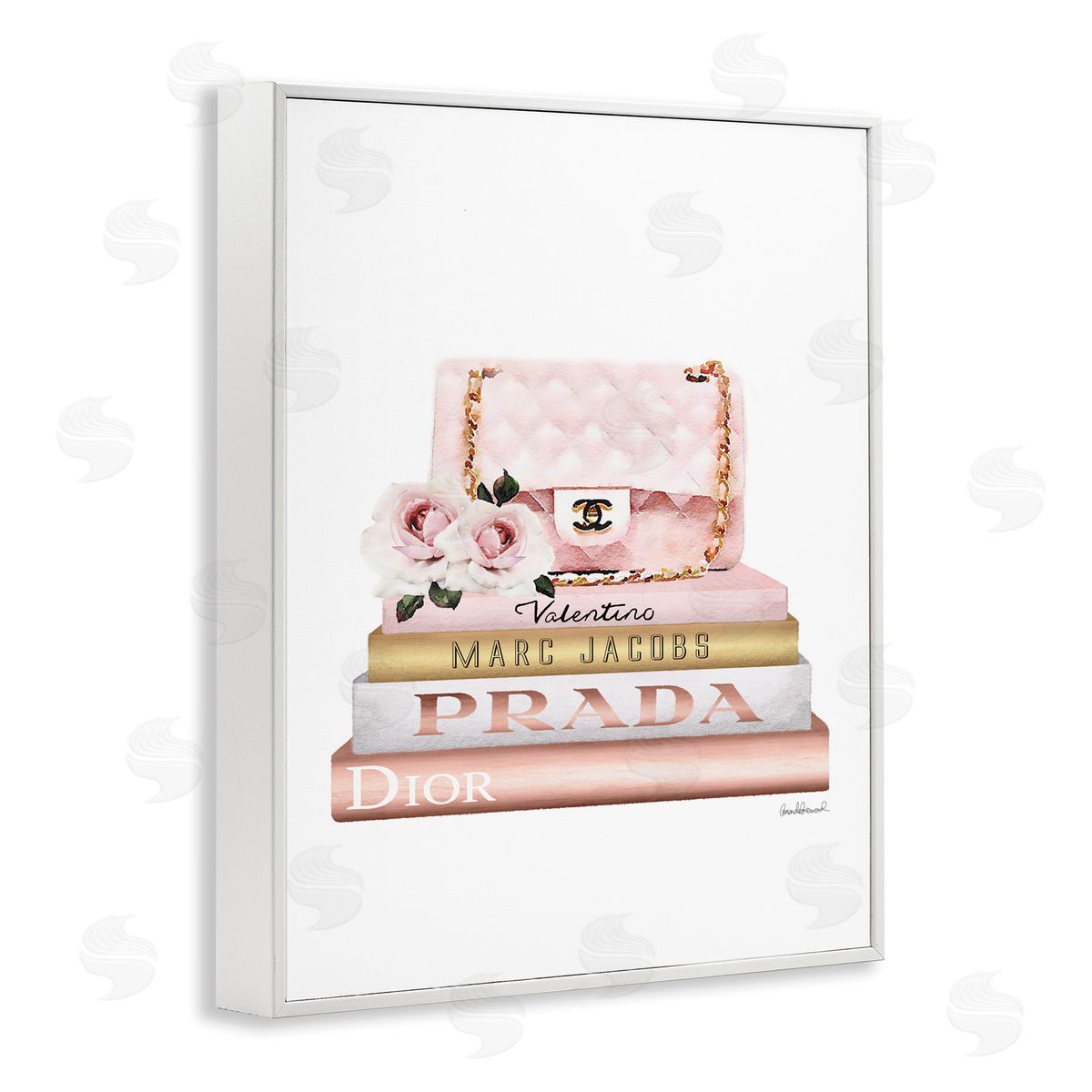 Pink Purse Gold Bookstack White Frame Print Wall Art, Home Decor by Amanda Greenwood