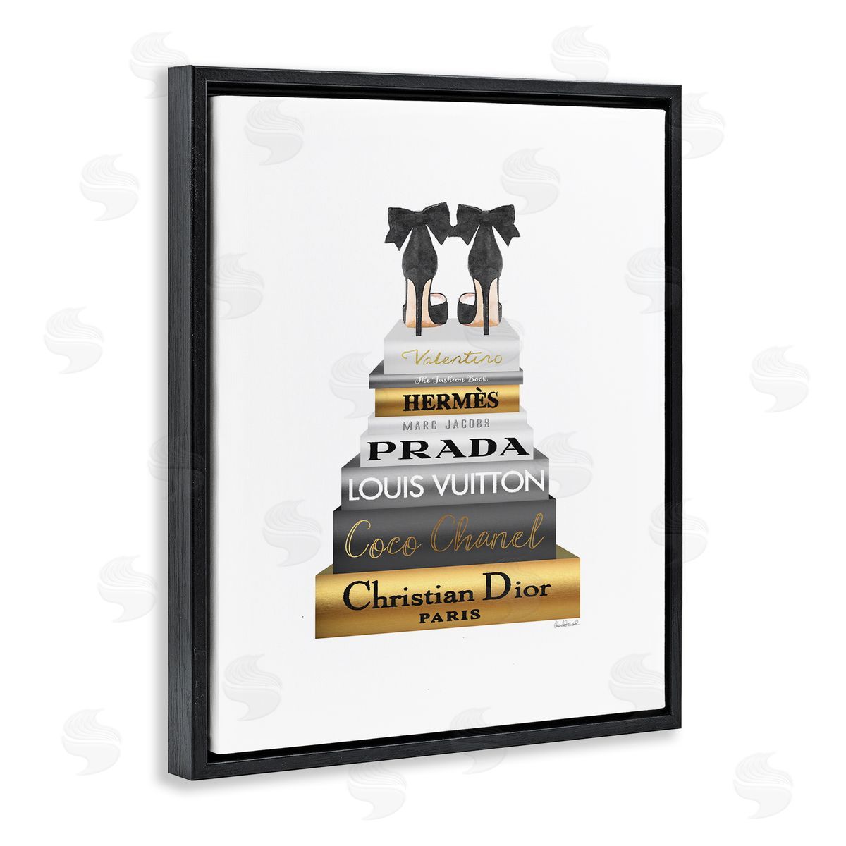 Black Heels Gold Bookstack Black Floating Frame Canvas Wall Art, Home Decor by Amanda Greenwood