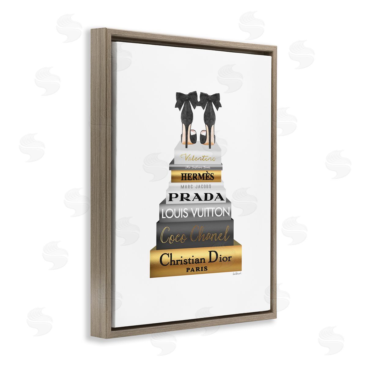 Black Heels Gold Bookstack Brown Floating Frame Canvas Wall Art, Home Decor by Amanda Greenwood