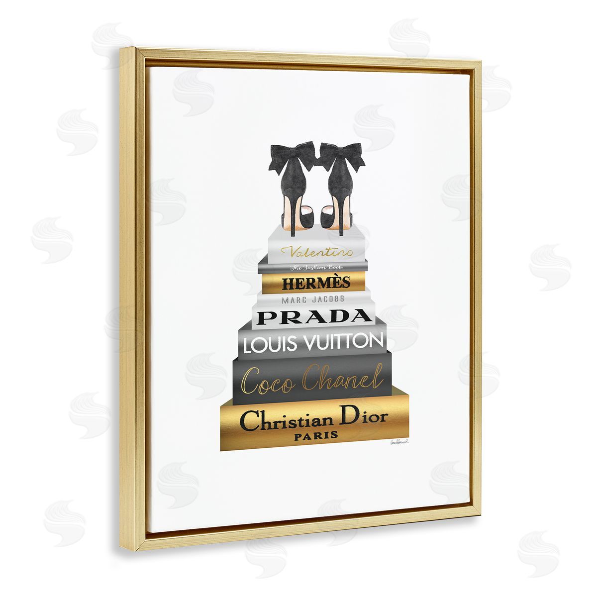 Black Heels Gold Bookstack Gold Floating Frame Canvas Wall Art, Home Decor by Amanda Greenwood