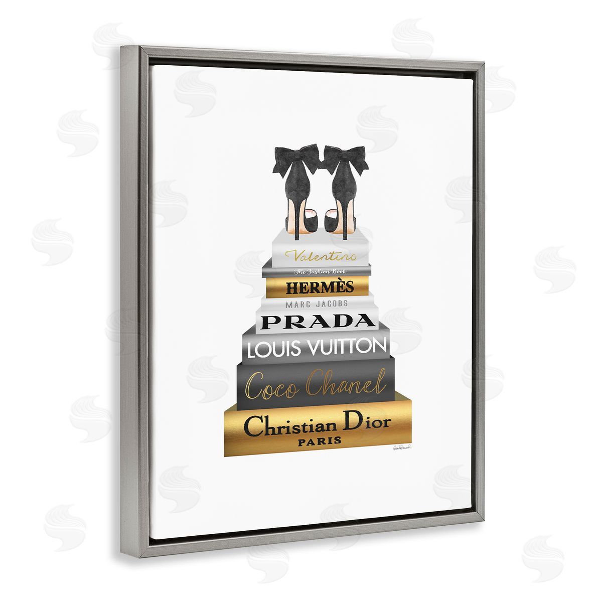 Black Heels Gold Bookstack Grey Floating Frame Canvas Wall Art, Home Decor by Amanda Greenwood