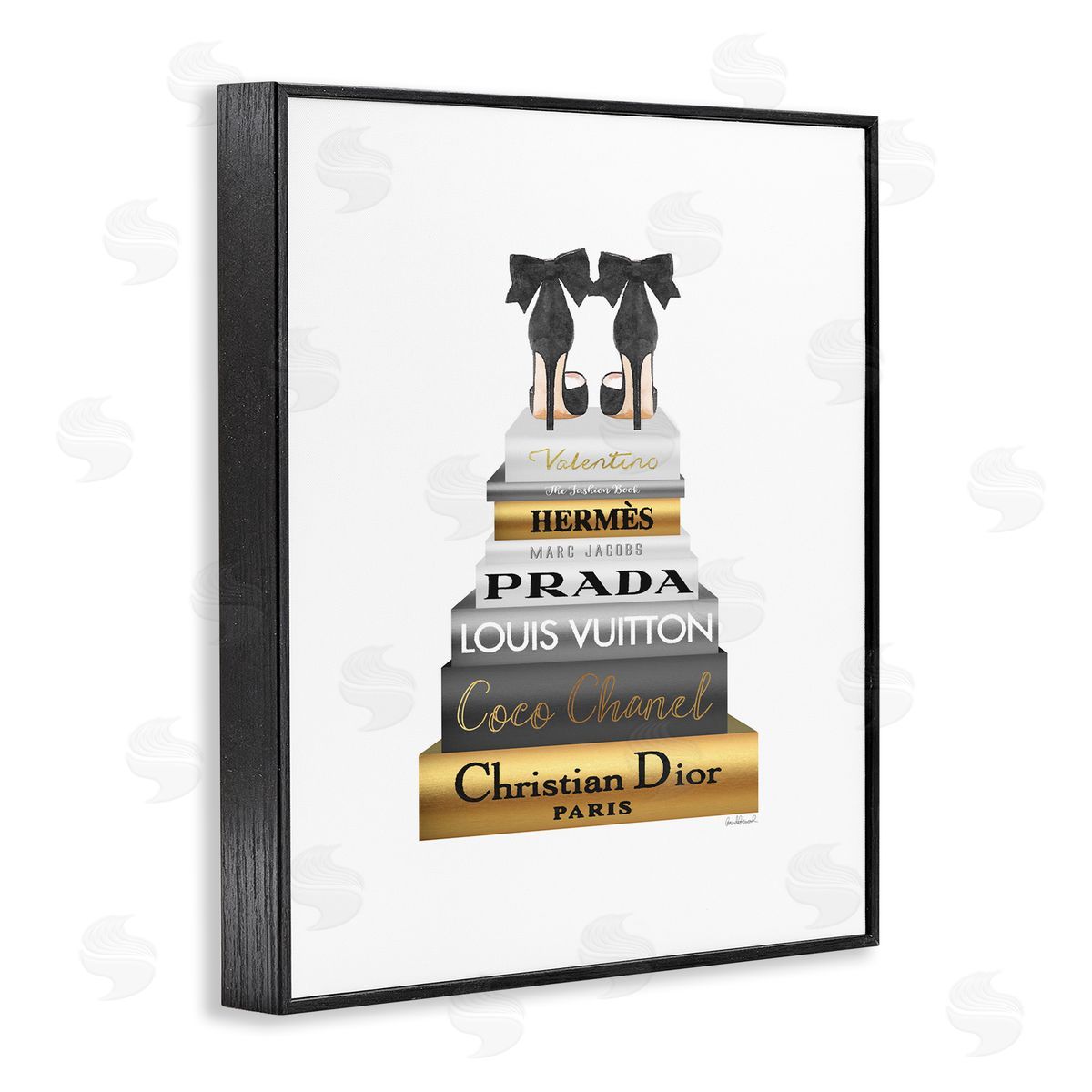 Black Heels Gold Bookstack Black Frame Print Wall Art, Home Decor by Amanda Greenwood